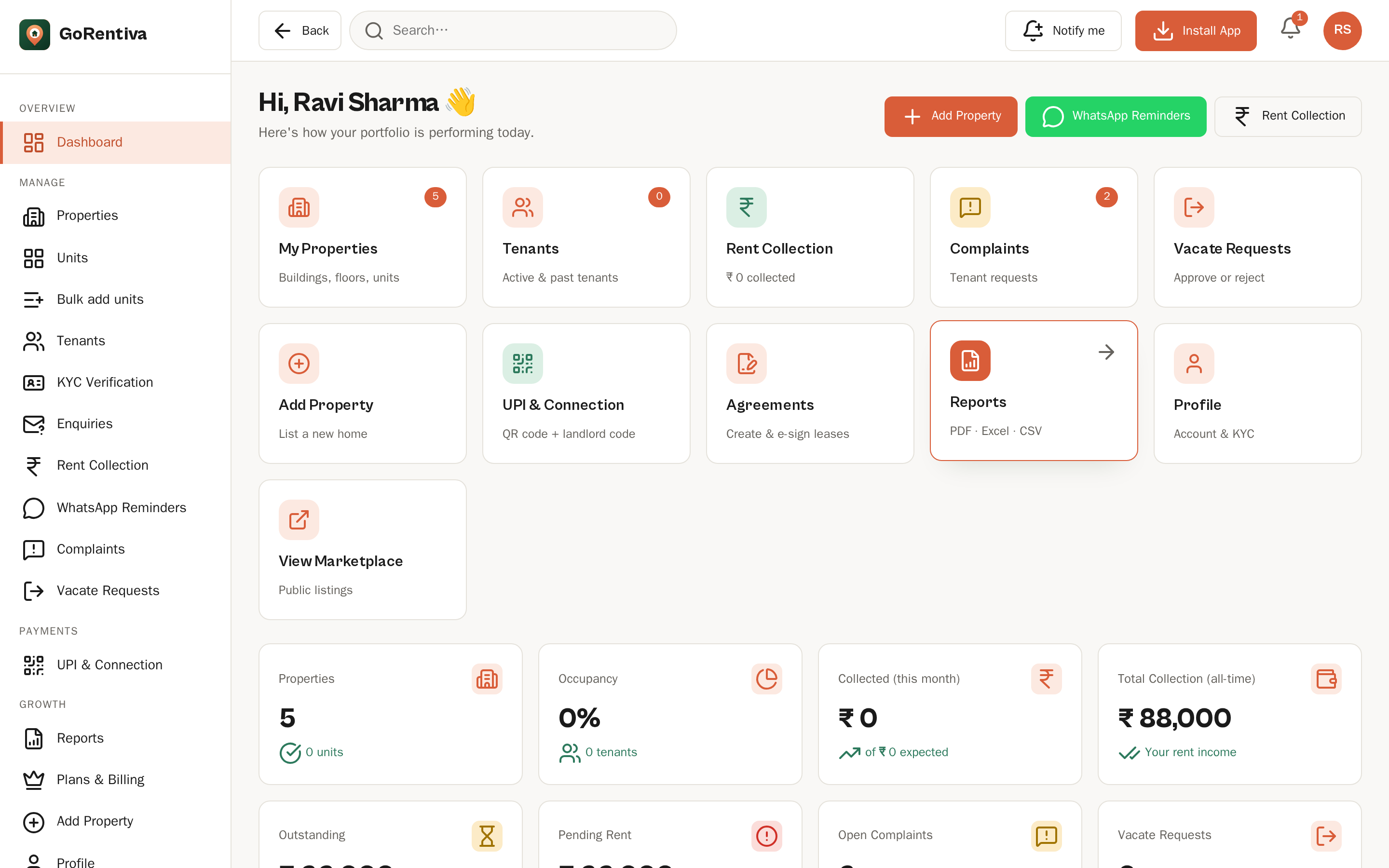 GoRentiva landlord dashboard — properties, rent collection, tenants, complaints