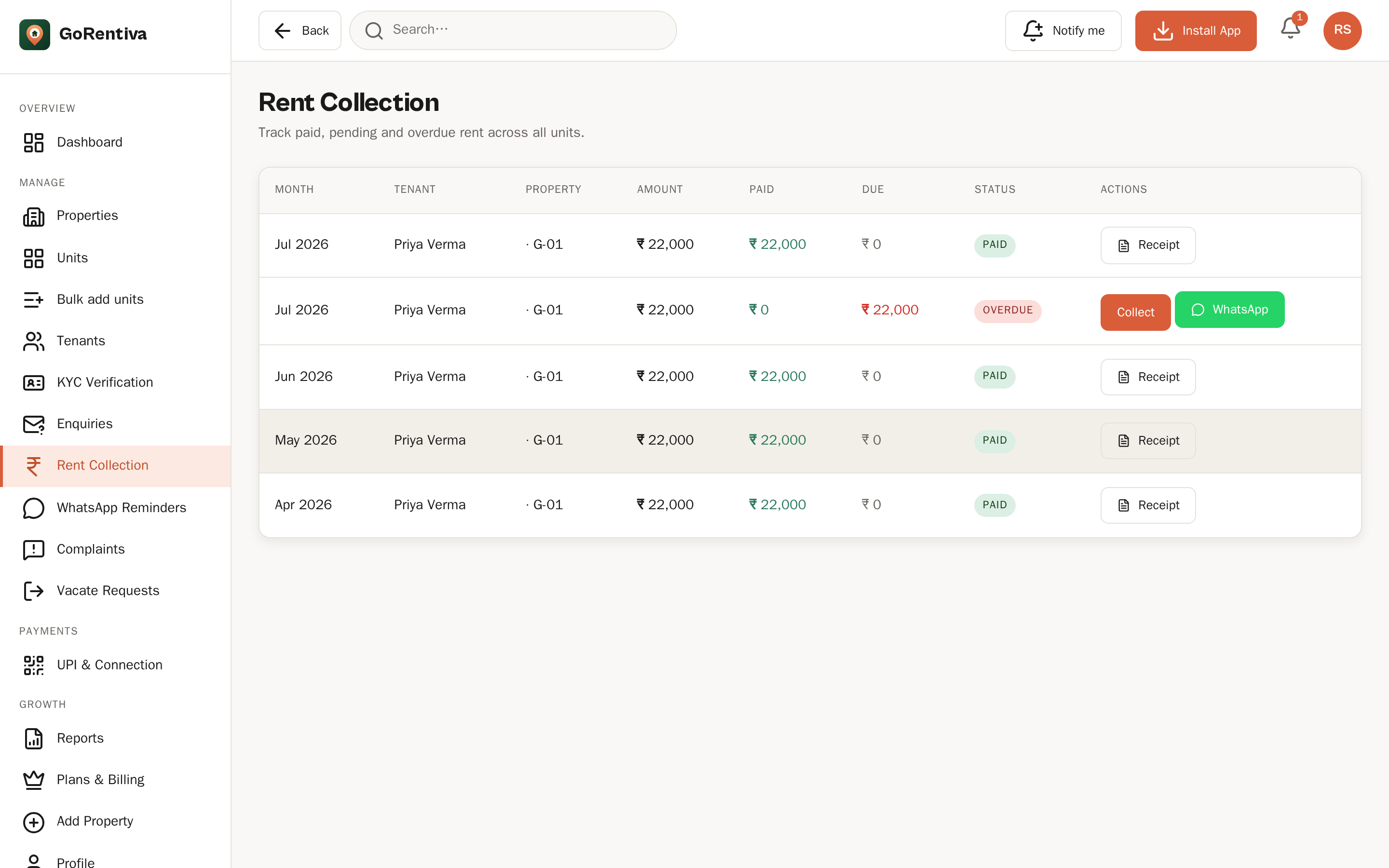 GoRentiva rent collection — track paid, pending and overdue rent with one-tap WhatsApp reminders