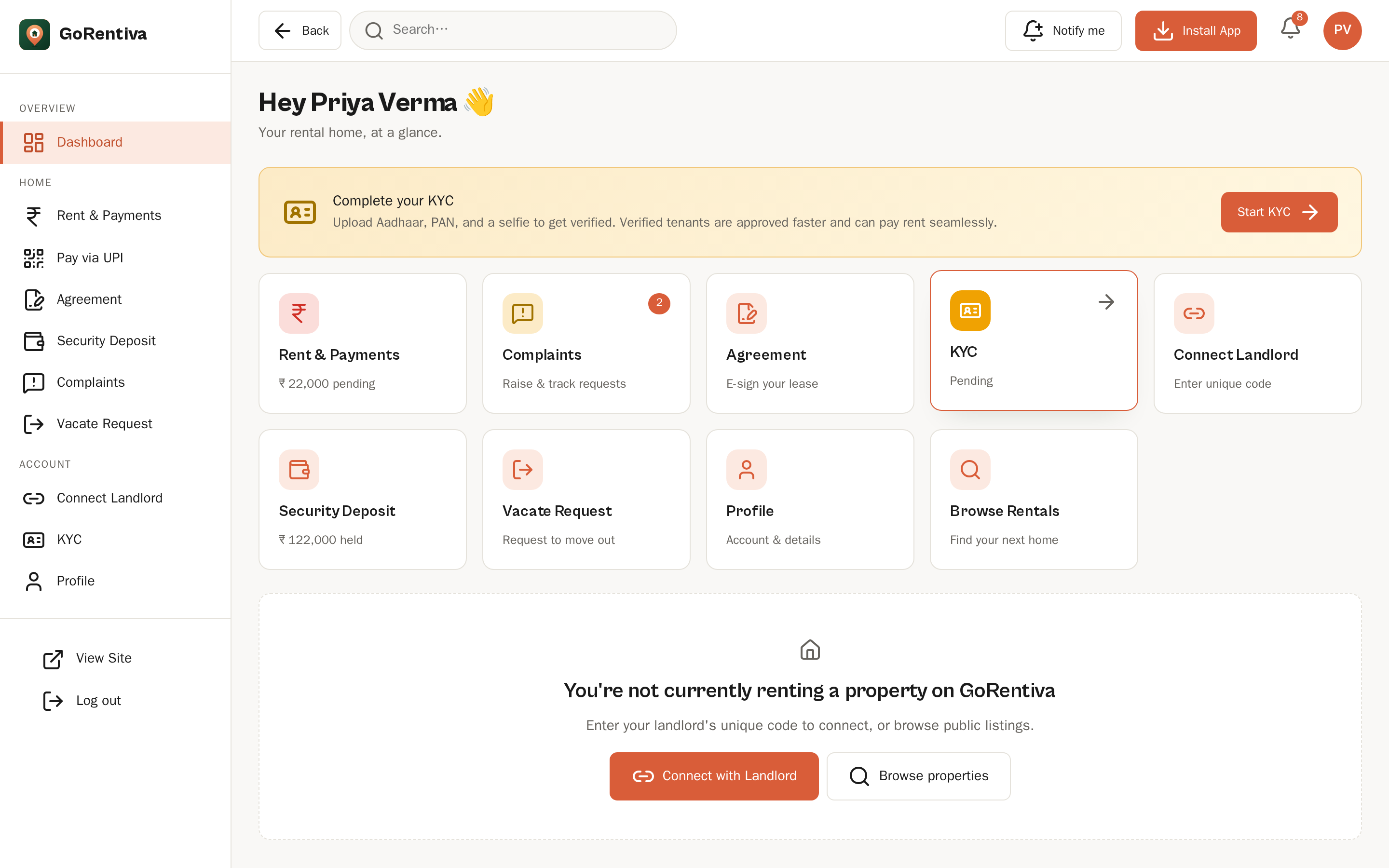 GoRentiva tenant dashboard — rent, KYC, agreement, complaints and security deposit